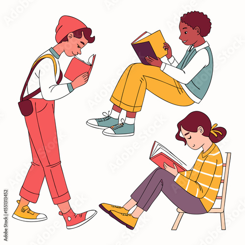 Multi-ethnic youngsters engrossed in captivating reads