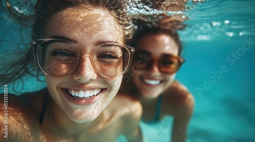 Wallpaper Mural Two cheerful women are captured underwater, beaming smiles and enjoying their time together, radiating joy and friendship in a refreshing blue swimming pool atmosphere. Torontodigital.ca