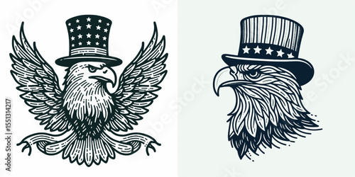 Bald Eagle with american flag overlay top hat Tail tucked in. Independence Day 4th of July Patriotism Usa America Clipart Line Art Vector Illustration. .