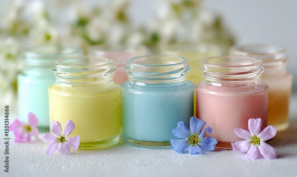 Small glass jars with pastel-colored creams paints arranged in a row, with matching pastel flowers in front. Small glass jars with pastel-colored creams paints arranged in a row, with matching pastel flowers in front.