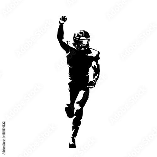 American football player running and greating fans, high contrast isolated vector silhouette, front view