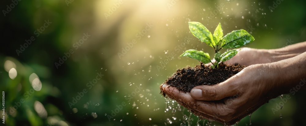 Fototapeta premium The Growing Plant Nurtured by Hands in Vibrant Natural Light