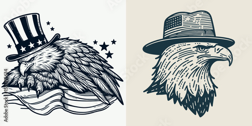 Bald Eagle with american flag overlay top hat Roosting sleep. Independence Day 4th of July Patriotism Usa America Clipart Line Art Vector Illustration. .