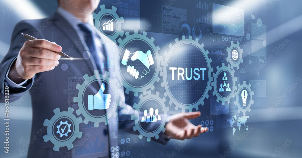 Obraz premium Trust customer relations reliability business concept. Pointing and pressing on virtual screen.
