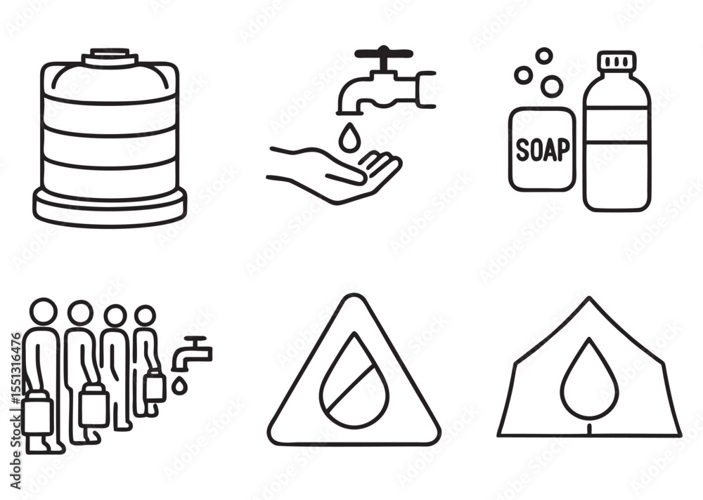 Fototapeta premium Black and White Icon Set of Refugee Camp Water Supply Essentials – Minimal Line Style for Humanitarian Use