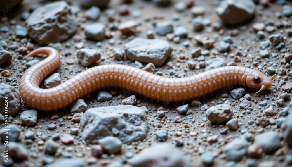 Obraz premium Close-up of a brown earthworm on rocky soil surface showcasing detailed texture, natural environment, moist ground, organic matter, small stones, and earthy tones