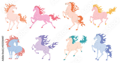 Minimalist flat vector horses in vibrant colors, ideal for 2026 Year of the Horse festive or decorative designs, isolated on white background