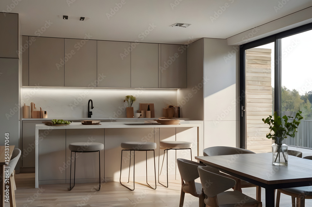 Modern Minimalist Kitchen Interior with Natural Light and Wooden Accents Modern Minimalist Kitchen Interior with Natural Light and Wooden Accents
