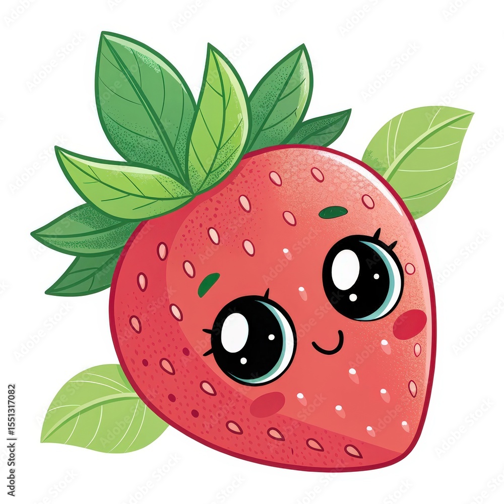 Obraz premium Cartoon Red Strawberry with Big Eyes and Green Leaves on White Background