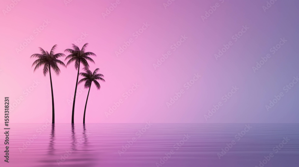 Naklejka premium Tranquil Sunset over Serene Waters with Silhouetted Palm Trees and Soft Reflected Colors in Gradients of Pink and Purple in a Peaceful Landscape