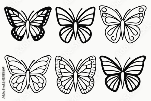 Detailed Black and White Butterfly Vector Outlines for Coloring Books