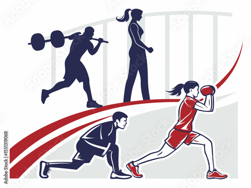 Diverse fitness activities including weightlifting walking stretching and medicine ball exercises