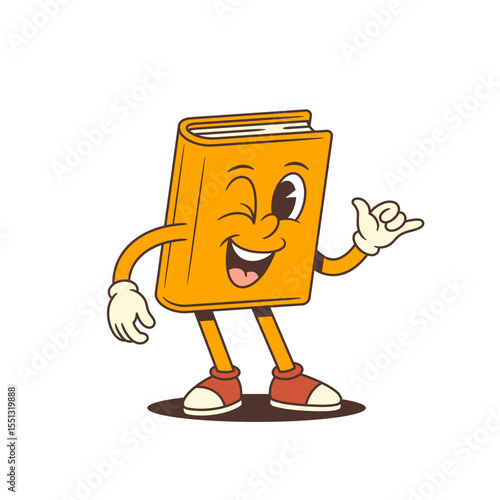Orange cartoon book mascot winking with a cheerful face while showing a hang loose hand gesture, conveying friendly and relaxed vibes related to education and learning concepts. Vector illustration