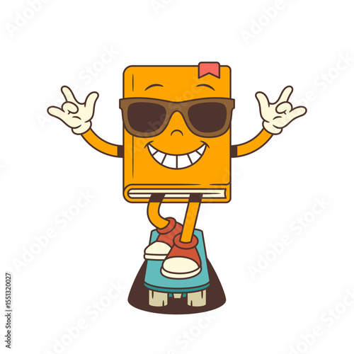 Confident cartoon book character in sunglasses rides skateboard with expressive ILY gesture, conveying energy, style, joy and educational spirit. Ideal for learning and fun themes. Vector illustration