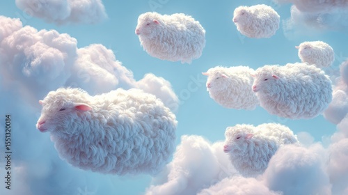 Surreal dreamlike sheep floating in fluffy clouds under bright blue sky perfect for sleep concept illustrations, fantasy children’s themes and imaginative wellness content