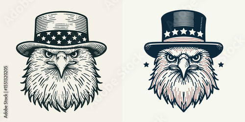 Bald Eagle with american flag overlay top hat Eyes sharp. Independence Day 4th of July Patriotism Usa America Clipart Line Art Vector Illustration. Patriotic bird prey in formal attire.