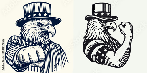 Bald Eagle with american flag overlay top hat fist bump pose. Independence Day 4th of July Patriotism Usa America Clipart Line Art Vector Illustration. Patriotic bird banner formal.