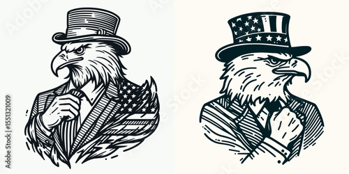 Bald Eagle with american flag overlay top hat Clutching pose. Independence Day 4th of July Patriotism Usa America Clipart Line Art Vector Illustration. Patriotic bird prey design banner.