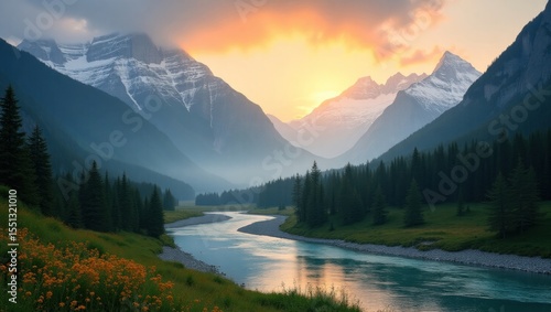 Majestic mountain range with a winding river at sunrise.