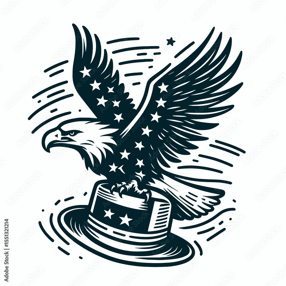 Fototapeta premium Bald Eagle with american flag overlay top hat Attack dive. Independence Day 4th of July Patriotism Usa America Clipart Line Art Vector Illustration. Patriotic bird united states banner high.