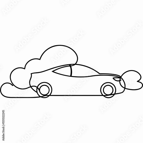 Connected-car-icon drawing with continuous line on white background. Line art connected-car-icon shows car surrounded with cloud, digital era concept, and technology, innovative driverless vehicle.