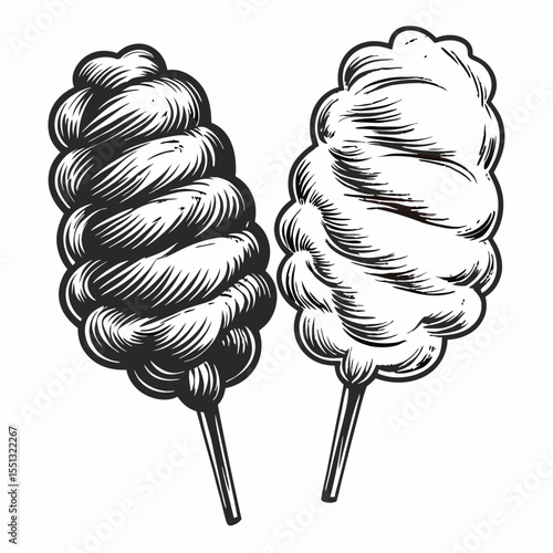 Cotton candy sweet treat with delicate drawing style on white backdrop. Cotton candy artwork shows treats with fine lines and shading that highlight each fluffy strand.