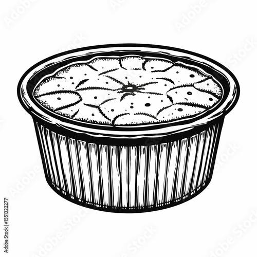 Charming Crème brûlée dessert in artistic drawing. Crème brûlée illustration showcases custard base with brittle caramelized sugar crust. Artistic drawing crème brûlée, perfect for baking blog,