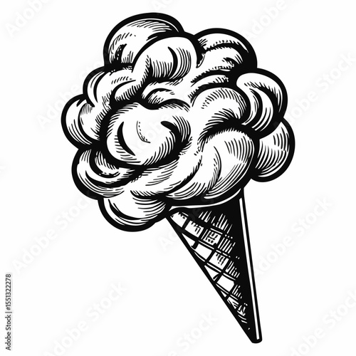 Cotton-candy sketch in black and white evokes simple joy, presenting sweet treat with retro charm. Cotton-candy design showcases hand-drawn appeal, capturing airy spun sugar in conical form.