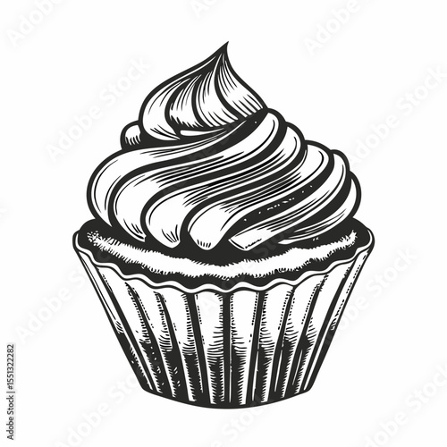 Hand drawn cupcake with frosting and creamy texture in vintage monochrome style. Cupcake illustration includes smooth swirls and decorative element. Classic cupcake is perfect for bakery menus,