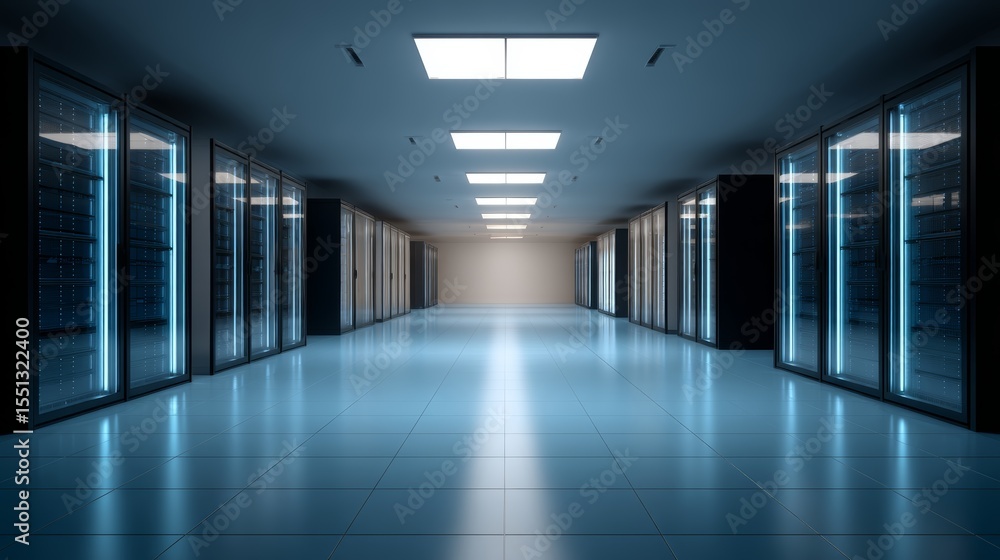 Sleek hightech server room with glowing blue holographic displays showcasing data encryption and cybersecurity measures from an eyelevel wide shot. Sleek hightech server room with glowing blue holographic displays showcasing data encryption and cybersecurity measures from an eyelevel wide shot.