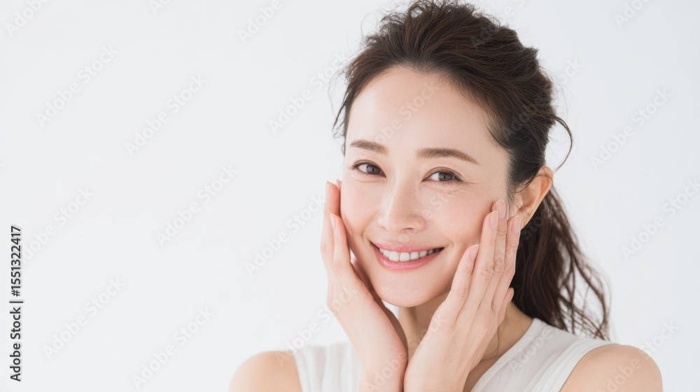 Portrait of smiling woman with radiant skin touching cheeks against clean white background perfect for skincare ads, beauty products and personal wellness content Portrait of smiling woman with radiant skin touching cheeks against clean white background perfect for skincare ads, beauty products and personal wellness content