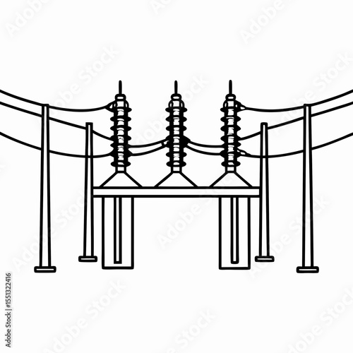 Depiction of electricity hub with overhead lines for power grid. Electricity hub with insulators, wiring, and pylons shown in minimalist outline style,