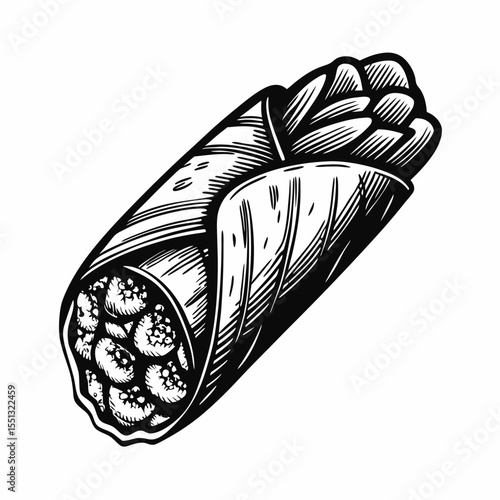 Delicious falafel in engraving style on white background, tasty falafel for healthy lifestyle. Fresh falafel is wrapped in lavash with vegetables and herbs. Concept falafel for restaurant menu design.