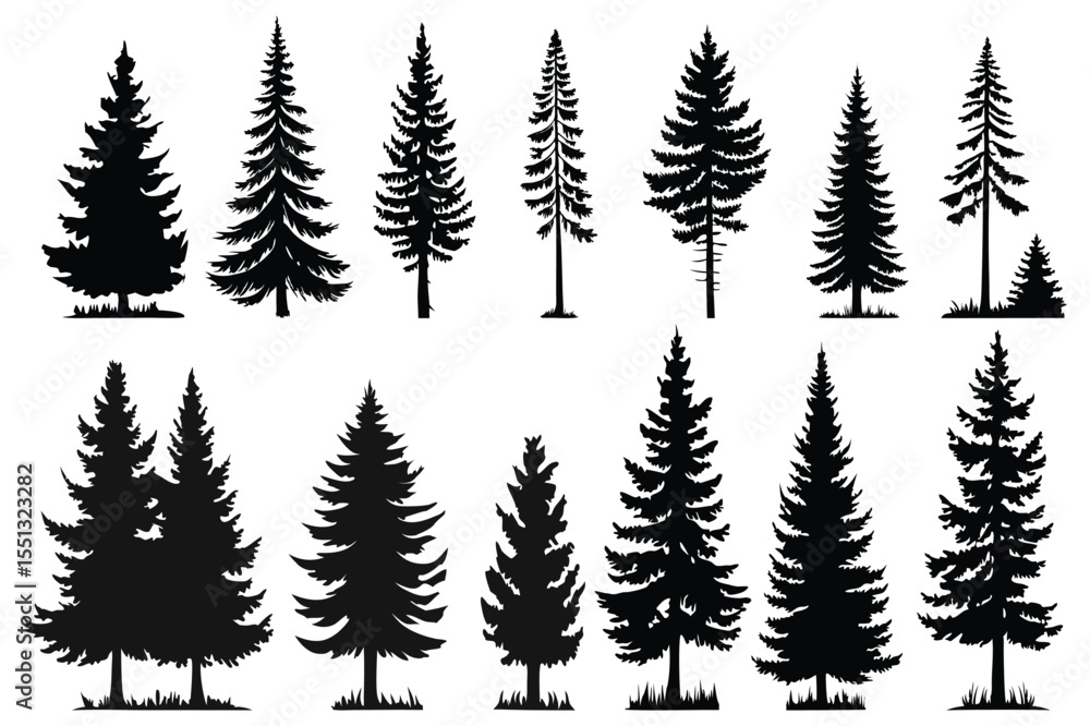 Obraz premium Evergreen forest tree vector collection – isolated pine and fir tree shapes