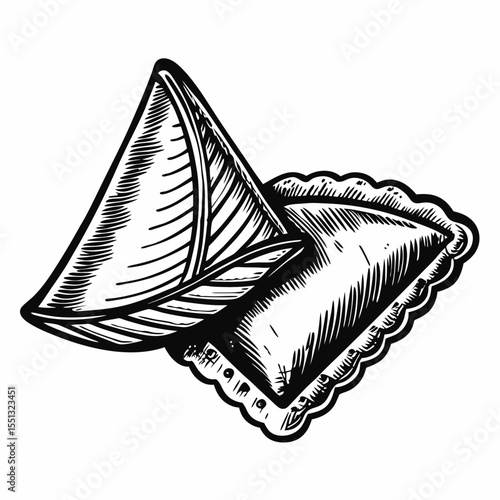 Samosa illustration presents two traditional samosas. Freshly cooked samosa with crispy edges and a filling, prepared with authentic spices, offers a delicious treat.