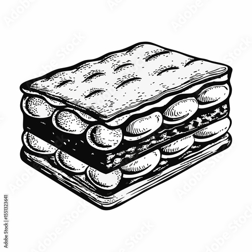 Tempting tiramisu dessert with layered sponge cake and mascarpone cheese filling. Tiramisu, delicious Italian dessert, is displayed in monochrome drawing with hand sketched details.