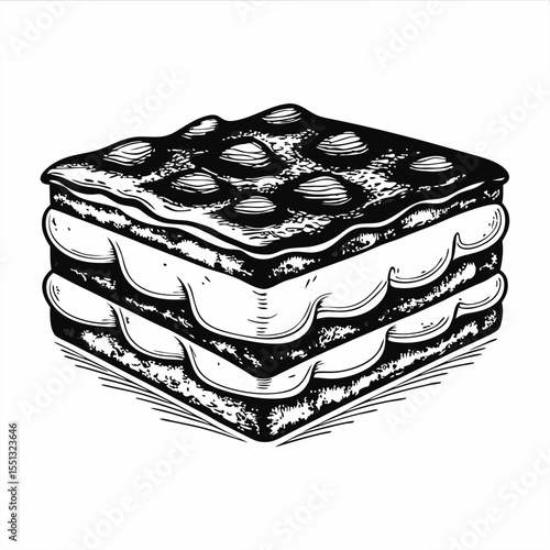 Tiramisu dessert in black and white sketch style, presenting traditional Italian dessert. Exquisite tiramisu layers showcase creamy texture and coffee flavor.