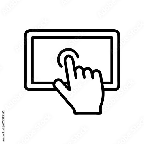 Touch screen panel with human hand tapping on monitor, touch screen panel isolated on white background. Flat touch screen panel symbolizes interaction and digital interface.