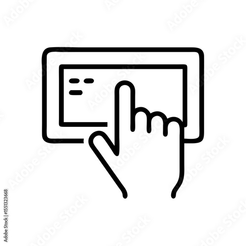 Touch-screen panel icon with finger pointing to panel screen. Touch-screen panel demonstrates modern interaction and simple black drawing on white background.