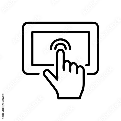 Touch screen panel displays simple hand gesture touching screen, touch screen panel shows finger interacting with device. This simple touch screen panel interface invites engagement,