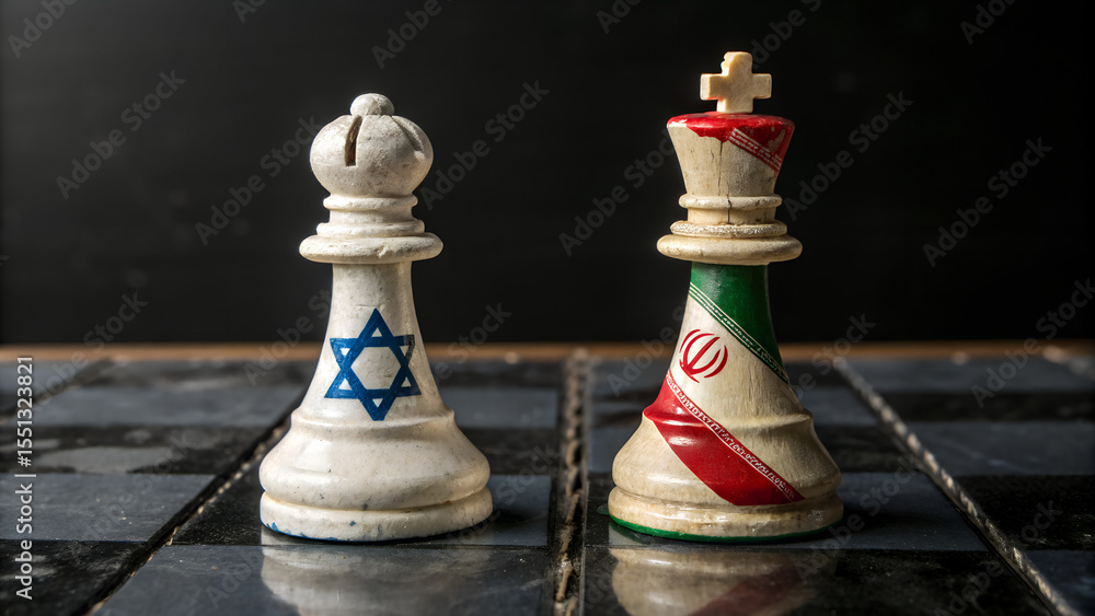 Naklejka premium Chess pieces representing israel and iran face each other on a checkered board in conflict