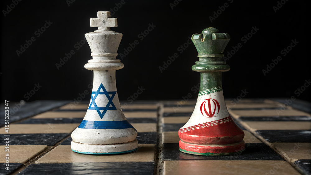 Naklejka premium Chess pieces representing israel and iran face each other on a checkered board
