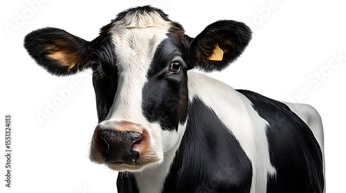 Close up portrait of a black and white holstein cow with a yellow ear tag isolated on transparent background