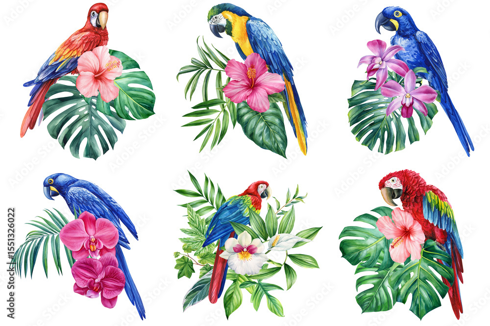 Fototapeta premium Watercolor set birds. Macaw parrots with orchid, hibiscus flower and green palm monstera tropical leaf on white background