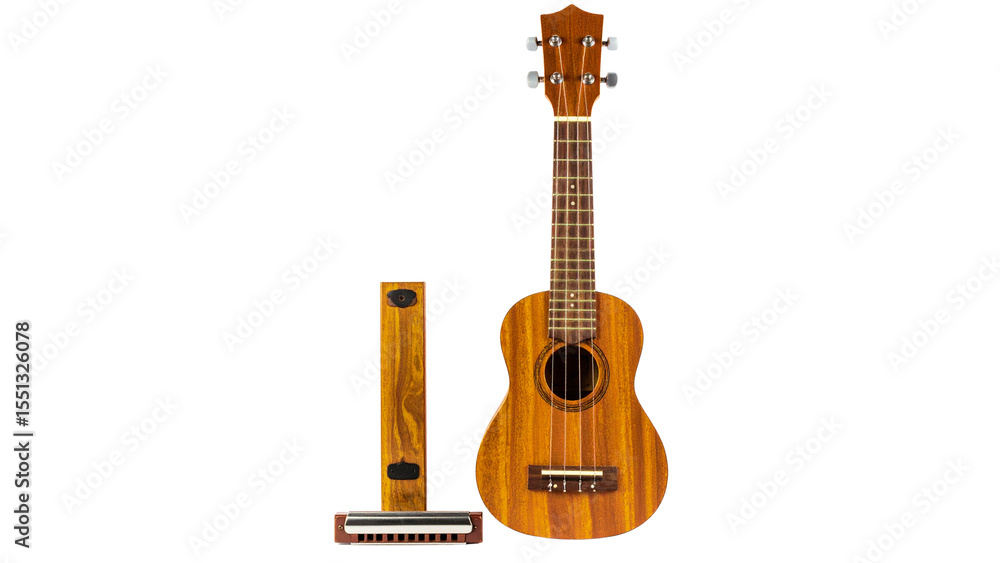 Obraz premium A classic wooden acoustic guitar with six strings is isolated on a clean white background