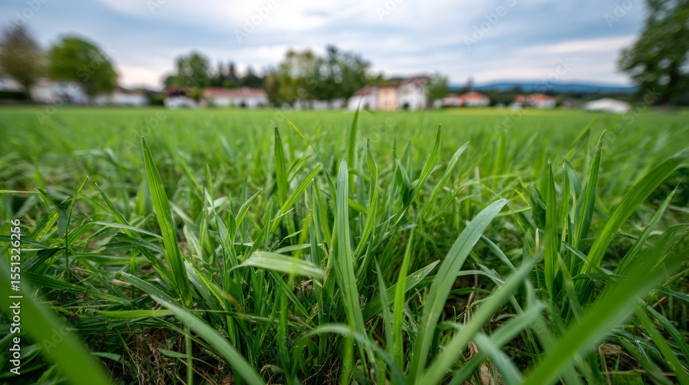 Obraz premium Broadangle view of vibrant green meadow with fresh grass under soft sky, peaceful rural landscape with lush plant textures and tranquil natural atmosphere.