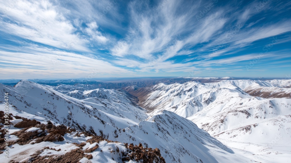 Obraz premium Wideangle panoramic view of snowcovered mountain peaks under a clear blue sky highlighting rugged ridges and soaring clouds from high altitude.