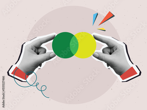 Black and white hands holding intersecting circles - concept of synergy. Vector illustration in a modern collage style