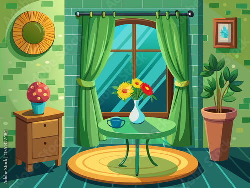 vector of Calm green room decor: a small hatch with a punched curtain, a chair and a small round table, and a small vase on the table with blooming flowers.