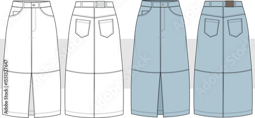 Women's denim midi skirt technical fashion drawing, illustration. Front and back pockets, front and back view, CAD, mockup set.